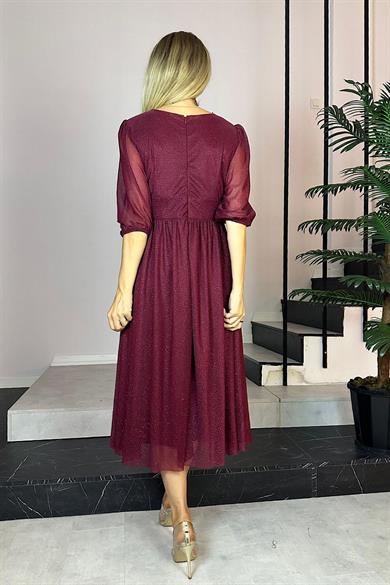M1986 Simli V Yaka Elbise Bordo