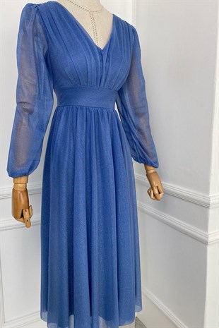 M1986 Simli V Yaka Elbise Mavi