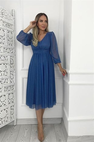 M1986 Simli V Yaka Elbise Mavi