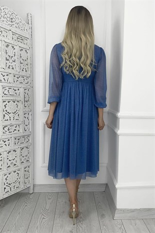 M1986 Simli V Yaka Elbise Mavi