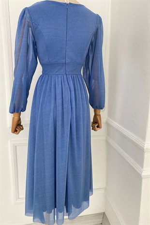 M1986 Simli V Yaka Elbise Mavi