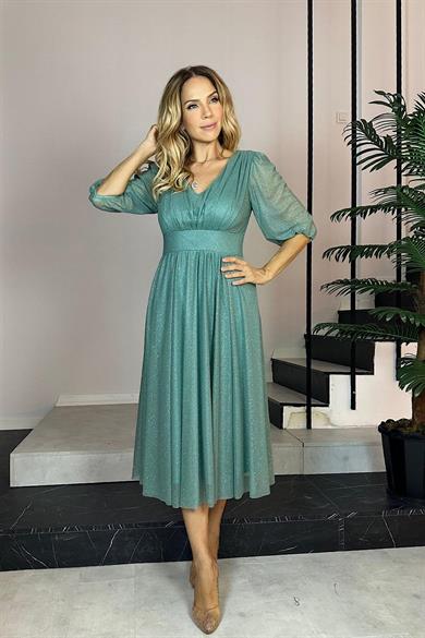 M1986 Simli V Yaka Elbise Mint