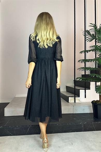 M1986 Simli V Yaka Elbise Siyah