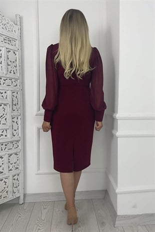 M1990 Kare Yaka Şifon Kollu Elbise Bordo
