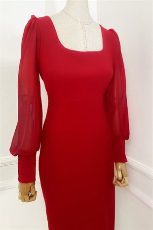 M1990 Kare Yaka Şifon Kollu Elbise Kırmızı