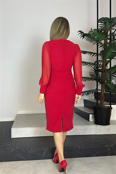 M1990 Kare Yaka Şifon Kollu Elbise Kırmızı