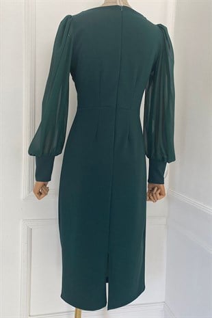 M1990 Kare Yaka Şifon Kollu Elbise Zümrüt