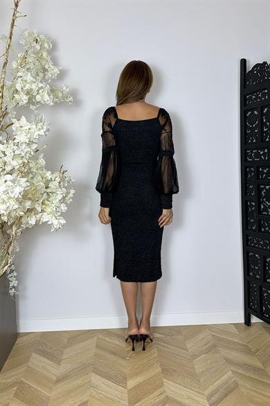 M1991 Kol Detaylı Kruvaze Örme Elbise Siyah