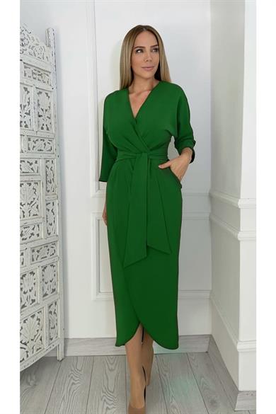 M2009 Kruvaze Yaka Kuşaklı Elbise Yeşil