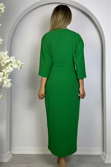 M2009 Kruvaze Yaka Kuşaklı Elbise Yeşil