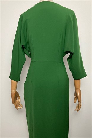 M2009 Kruvaze Yaka Kuşaklı Elbise Yeşil