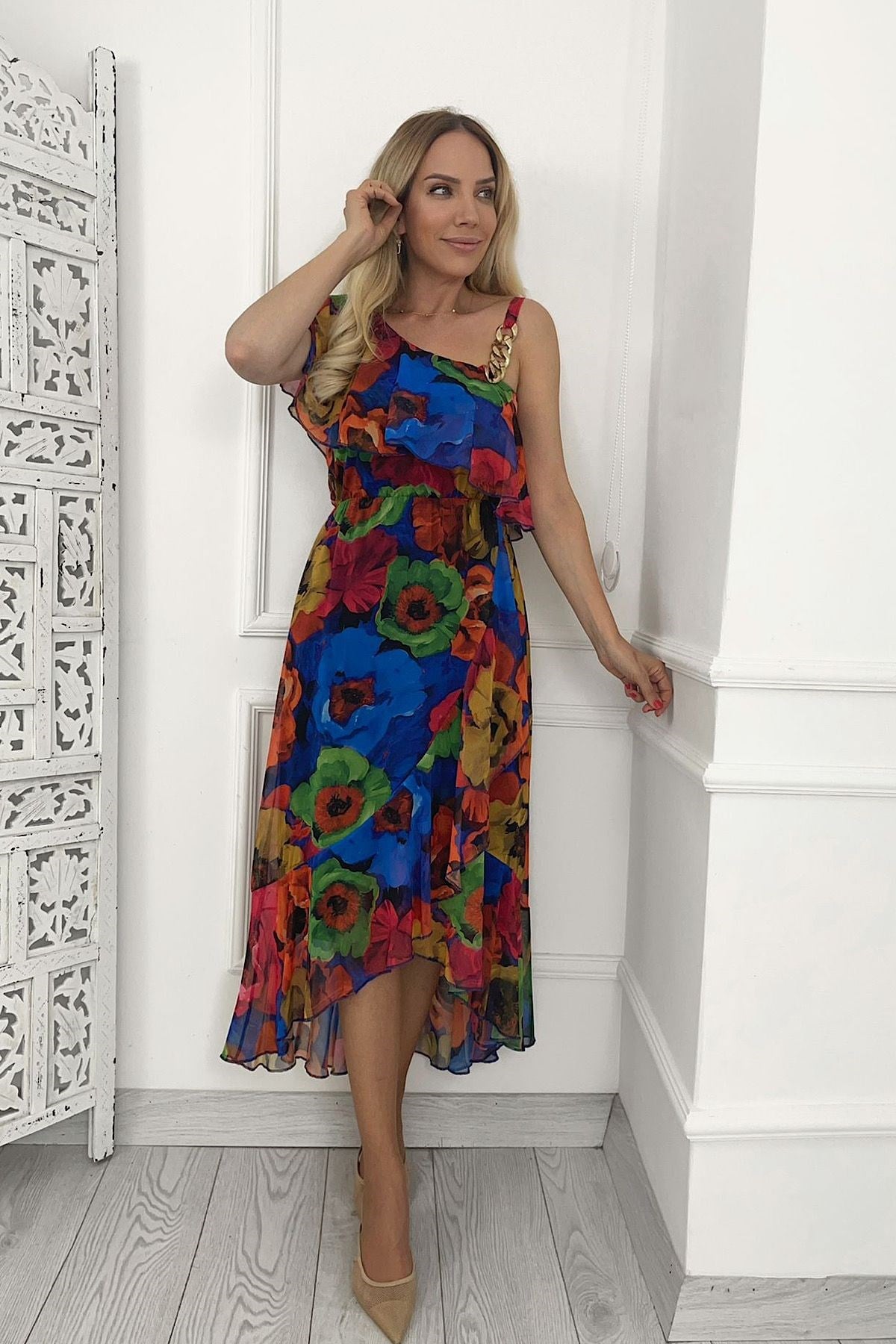 G0188 Zincir Askı Detaylı Şifon Elbise Desenli