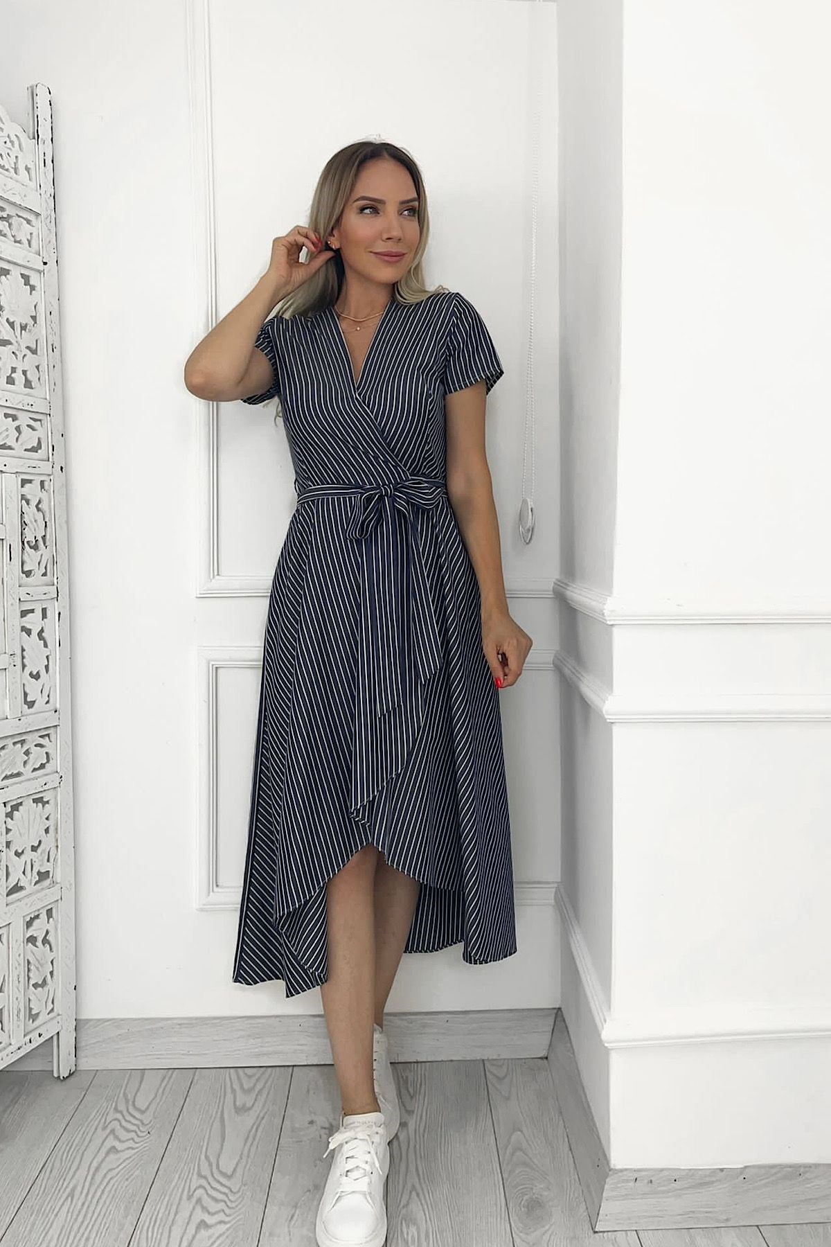 G0226 Çizgili Anvelop Elbise Lacivert