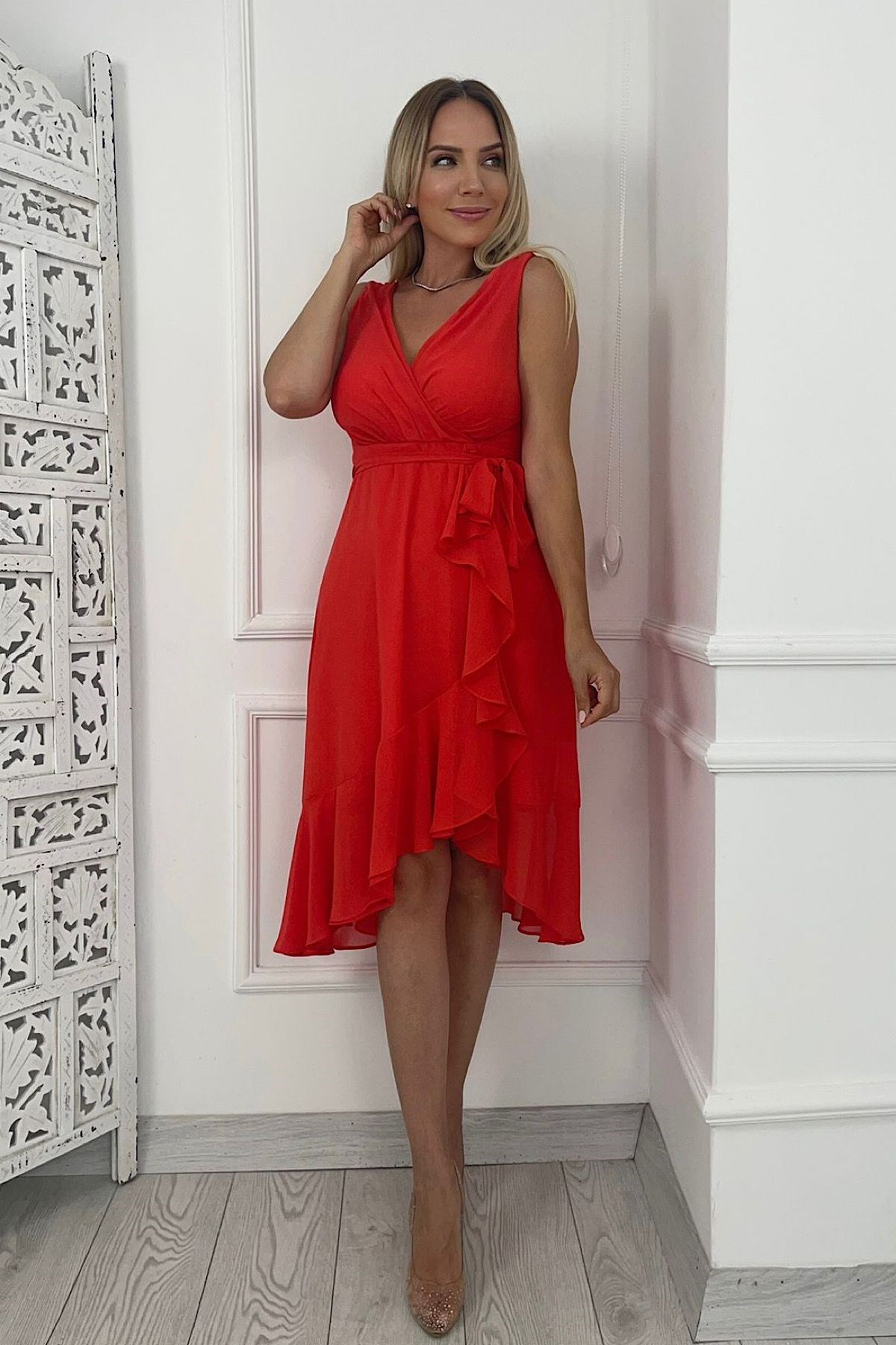G0250 Fırfır Detaylı Şifon Elbise Mercan
