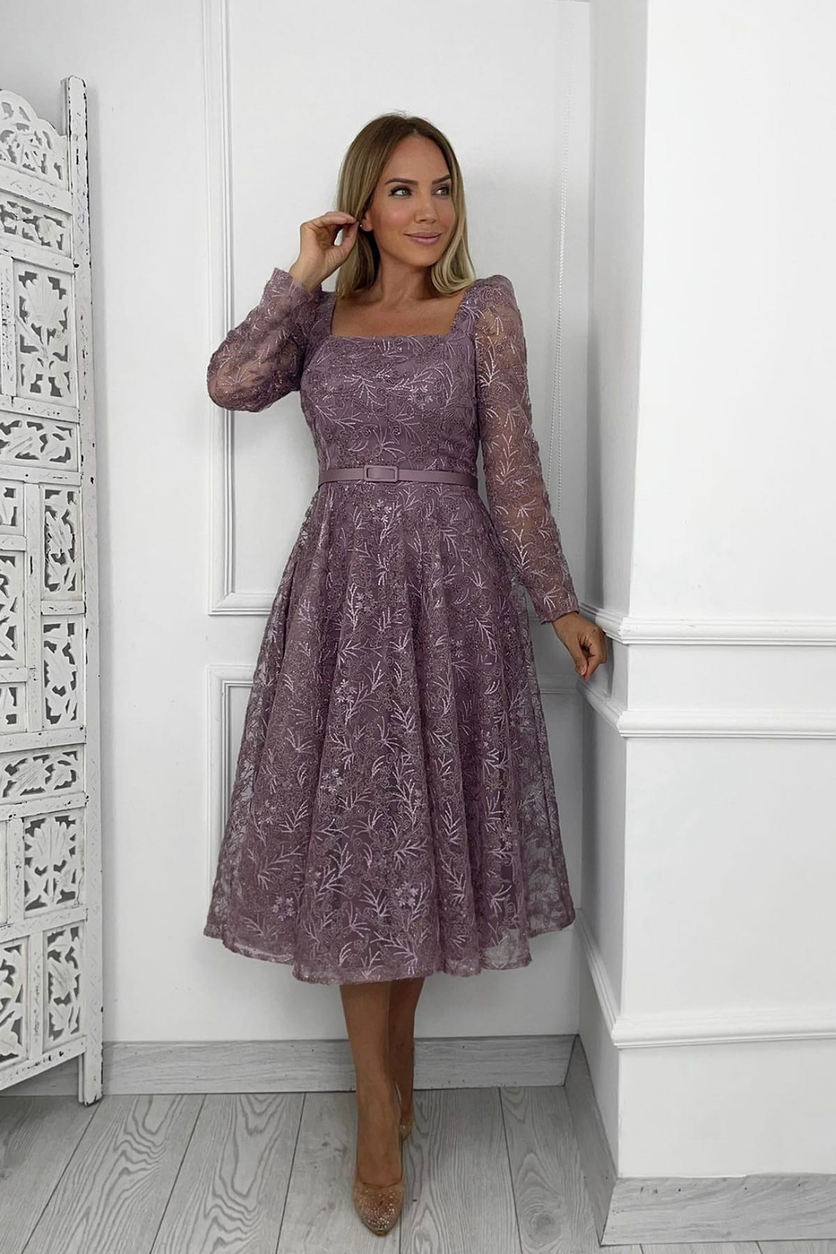 G0268 Dantel Tasarım Elbise Gül Kurusu