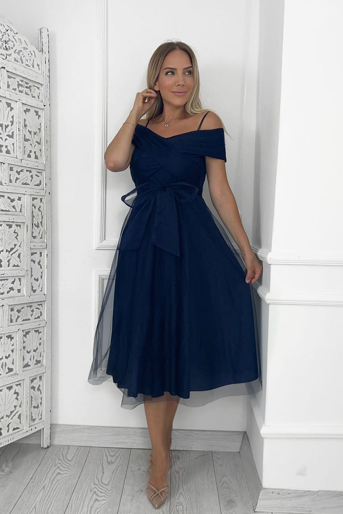 G0277 Askılı Tül Tasarım Elbise Lacivert