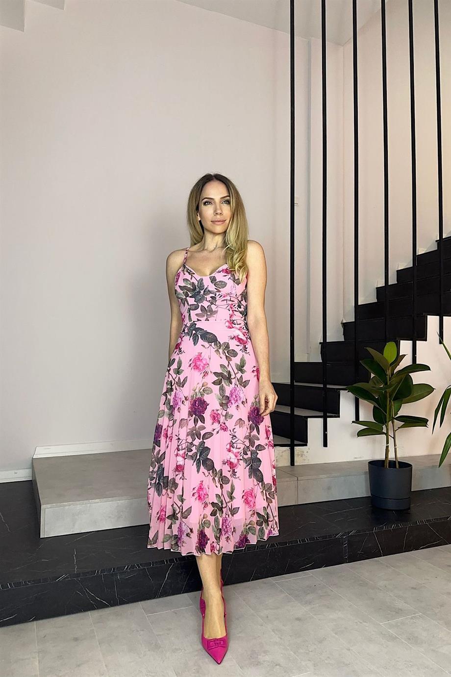 G0545 İp Askılı Piliseli Şifon Elbise Pembe