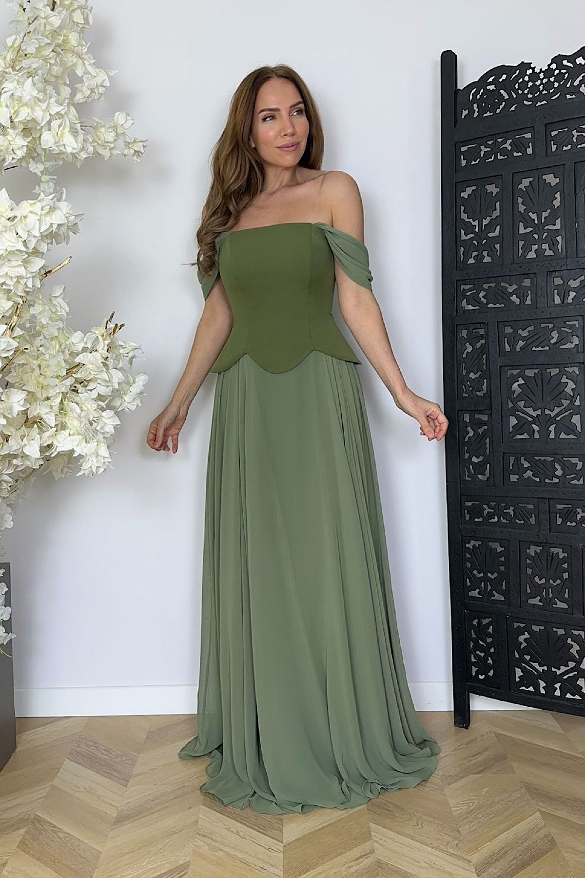 G1746 Tasarım Maksi Şifon Abiye Elbise Haki