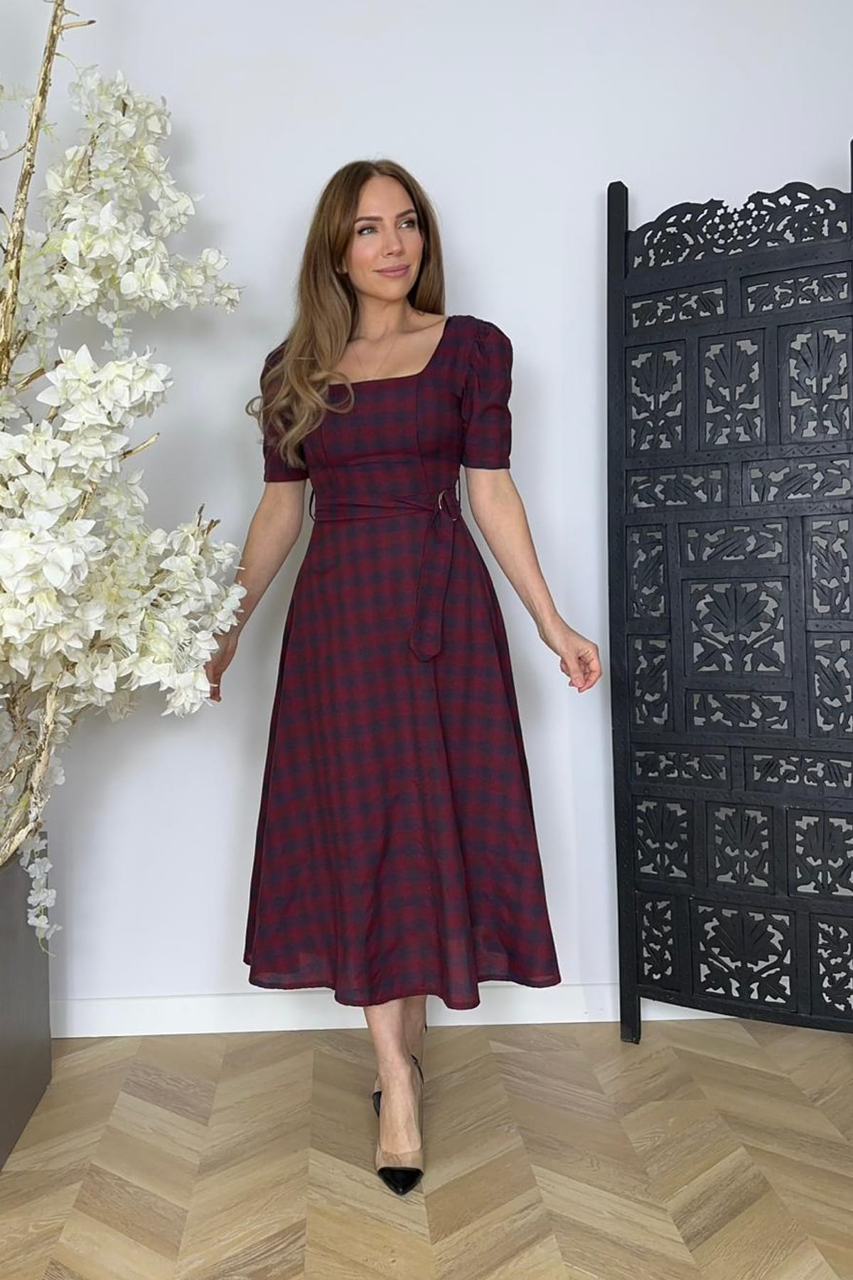 G1750 Kare Yaka Kloş Elbise Bordo