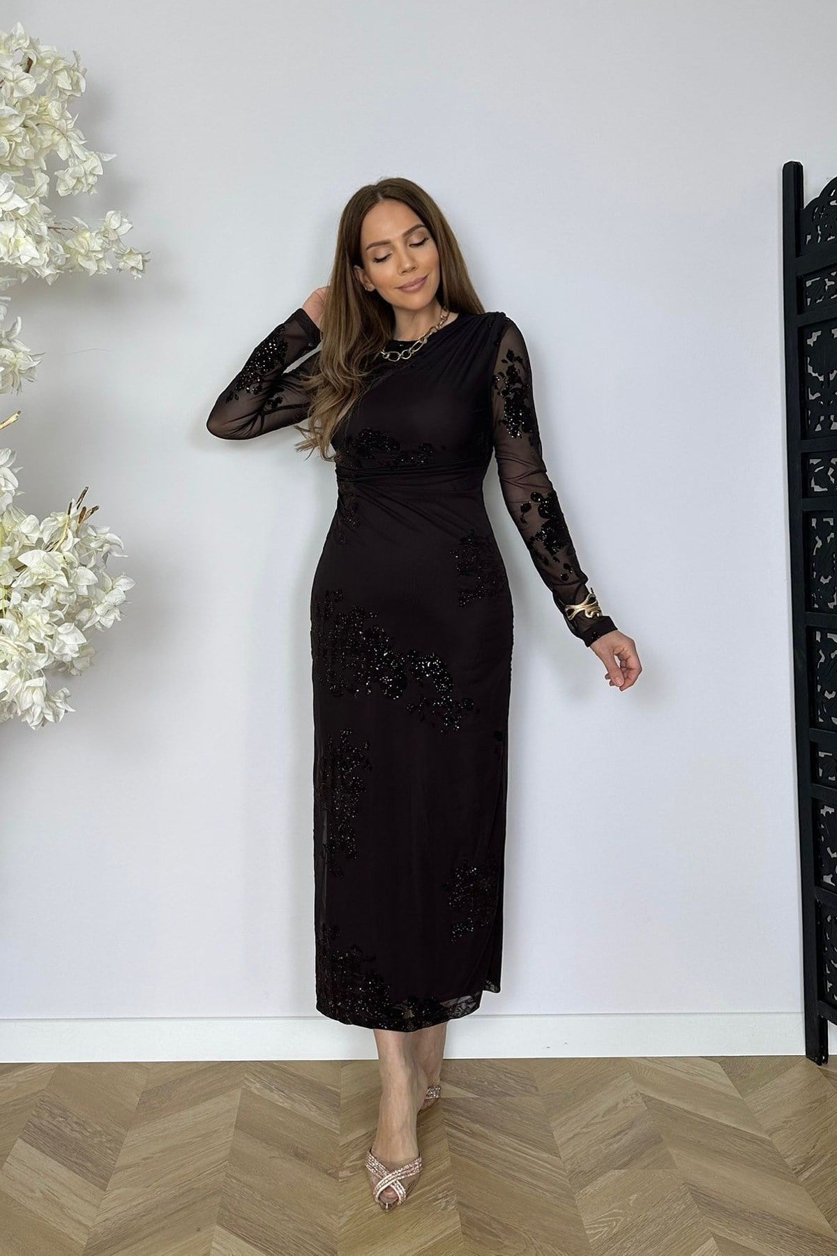 G1789 Flok Baskı Drape Detaylı Elbise Kahverengi