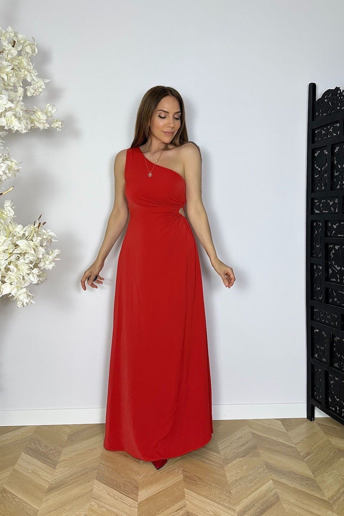 G1809 Tek Omuz Bel Detaylı Elbise Mercan