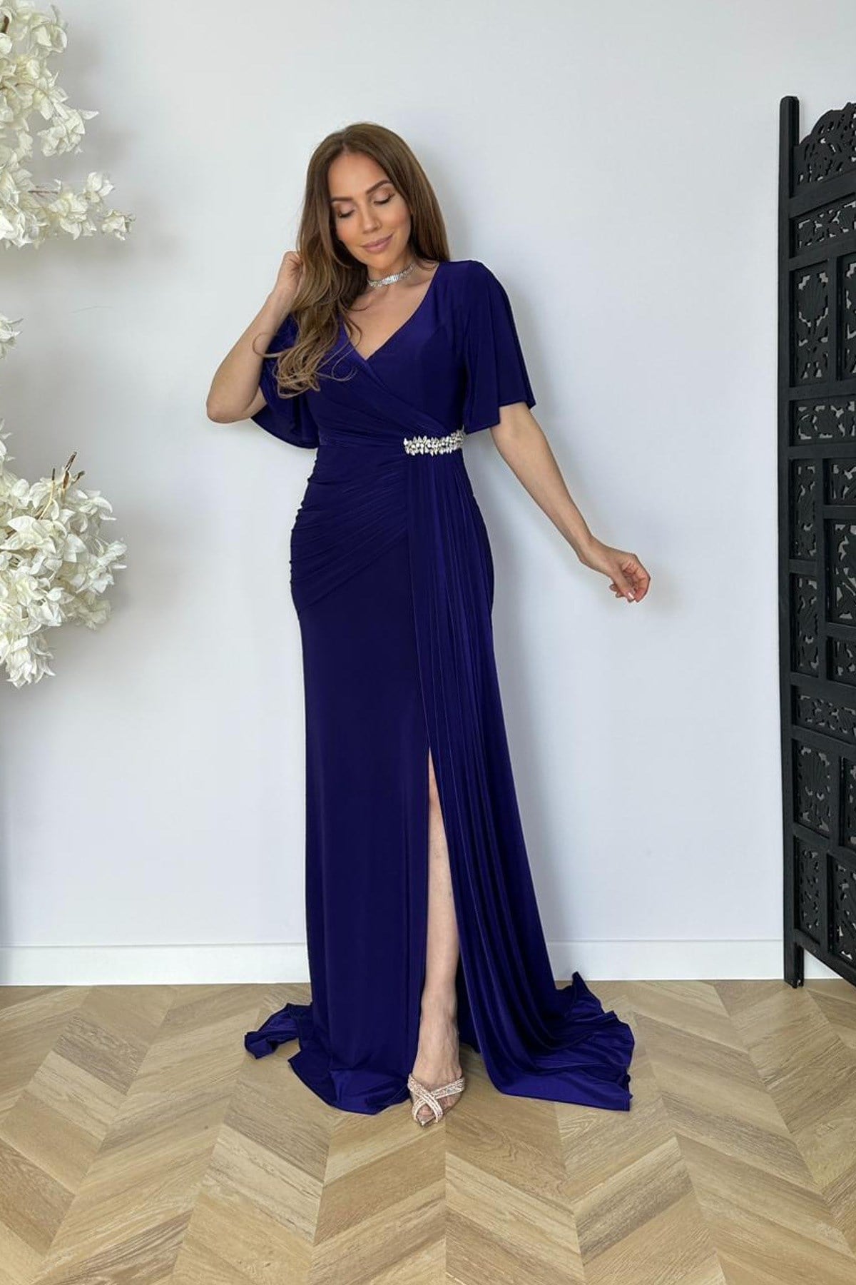 G1813 Taş ve Drape Detaylı Maksi Abiye Elbise Mor