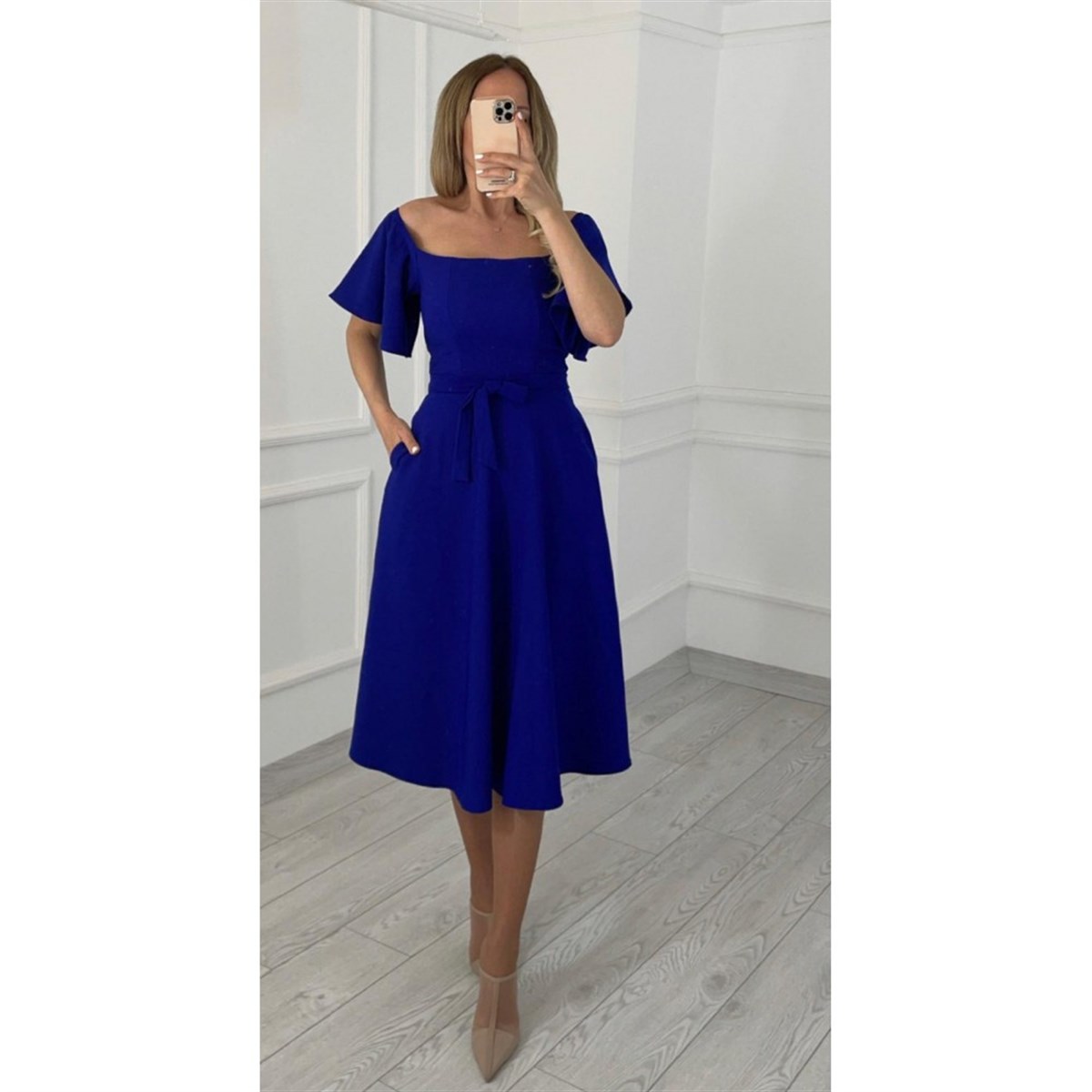 M0891 Carmen Yaka Midi Boy Elbise Mavi