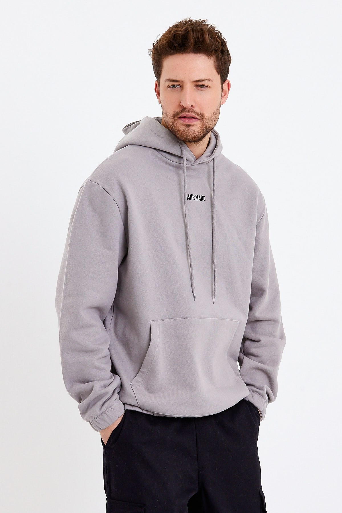 Açık Gri Nakışlı Oversize Erkek Sweatshirt
