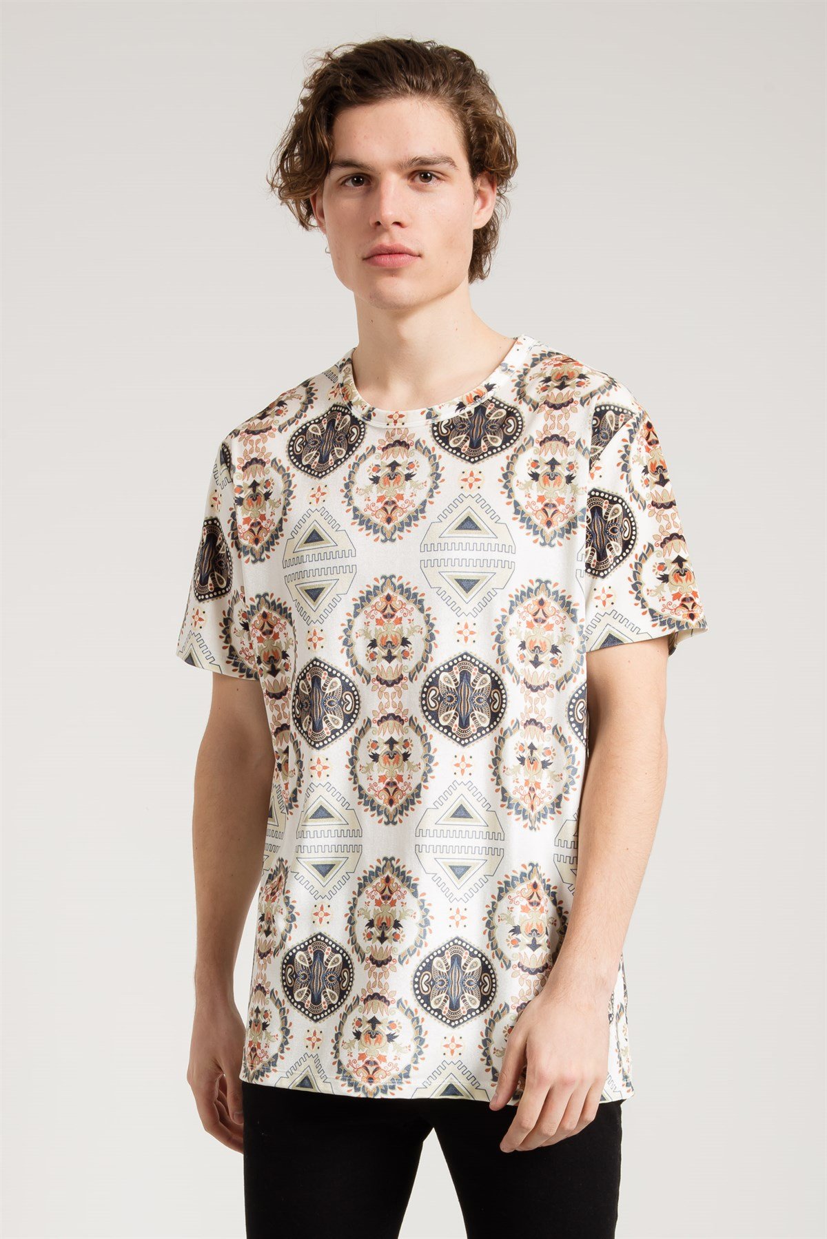 Aztek Baskılı Krem Rengi Kadife Erkek T-shirt