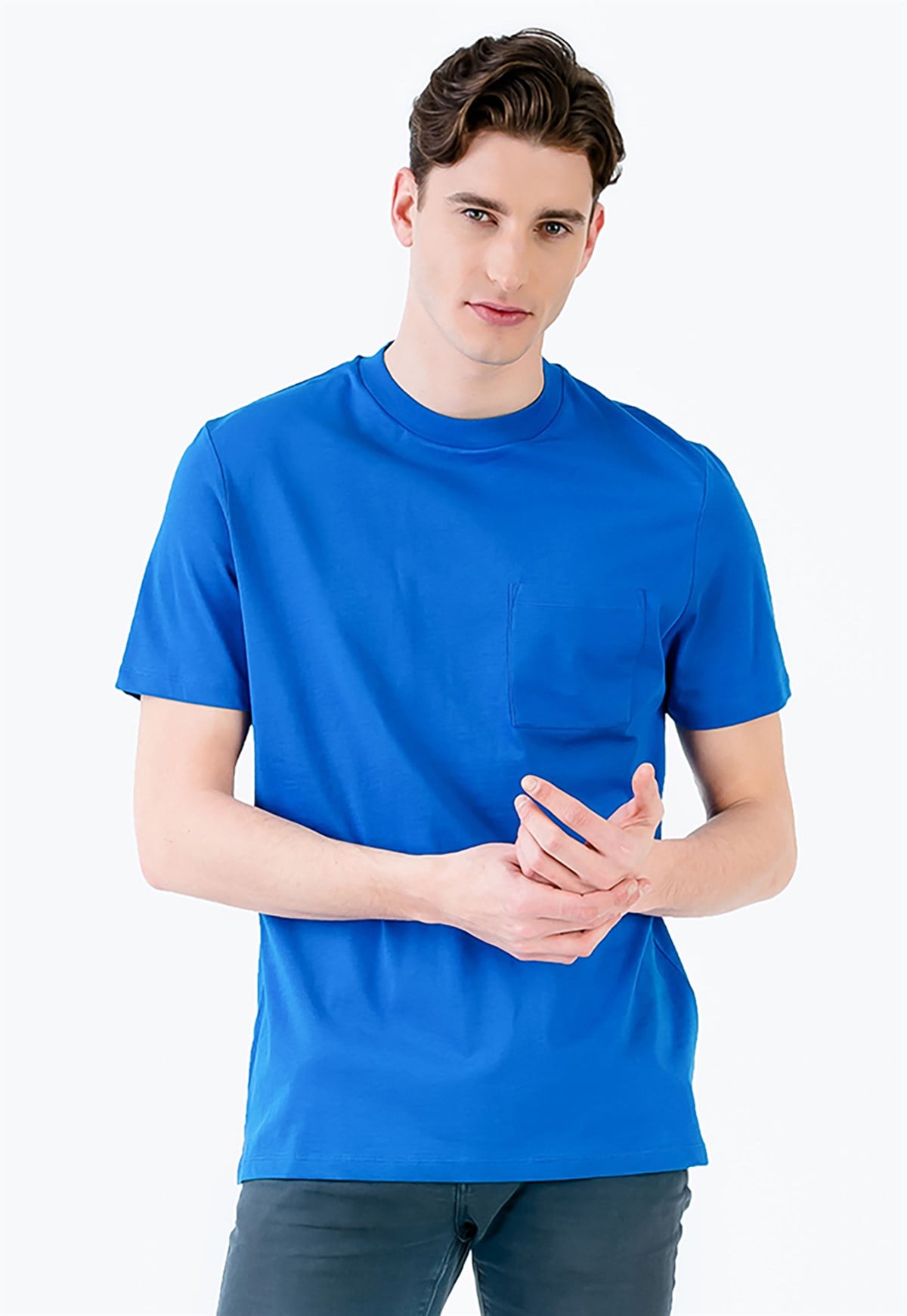 Basic Önü Cepli Mavi Erkek T-shirt