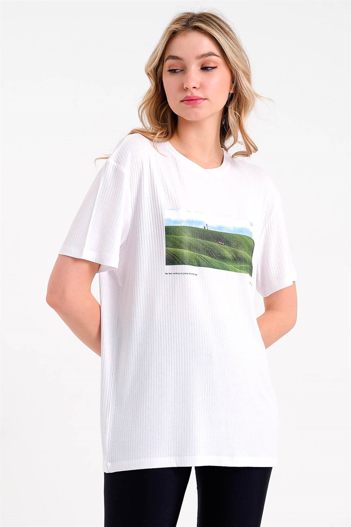 Baskılı Beyaz Oversize Kadın T-shirt