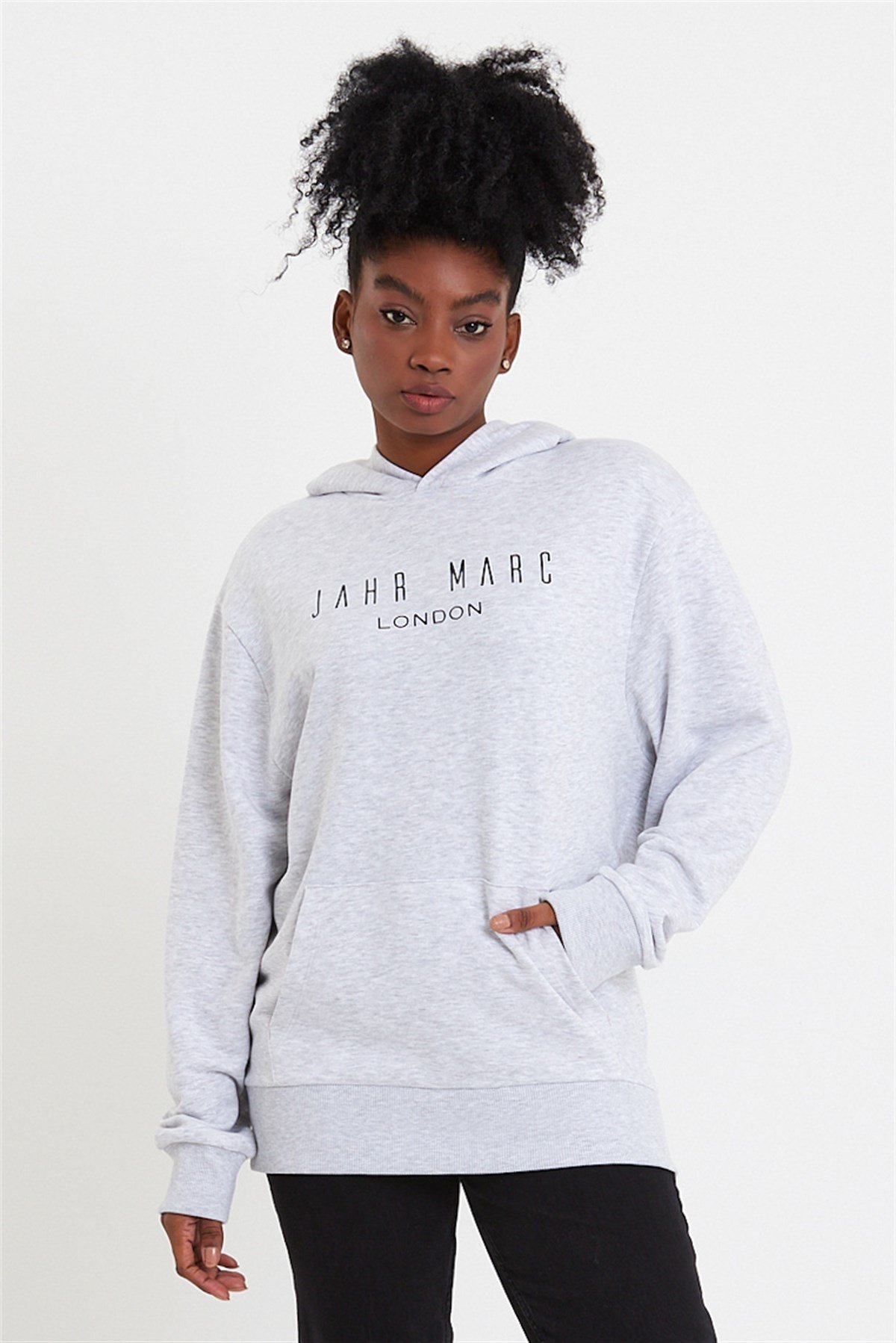 Baskılı Gri Oversize Kadın Kapüşonlu Sweatshirt