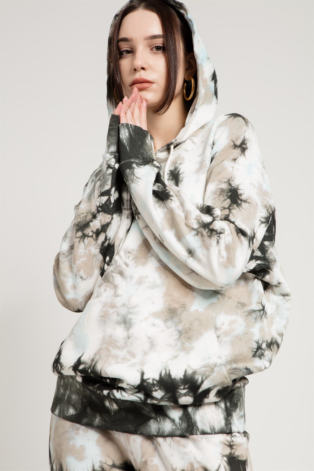 Batik Yıkamalı Gri Oversize Kapüşonlu Sweatshirt