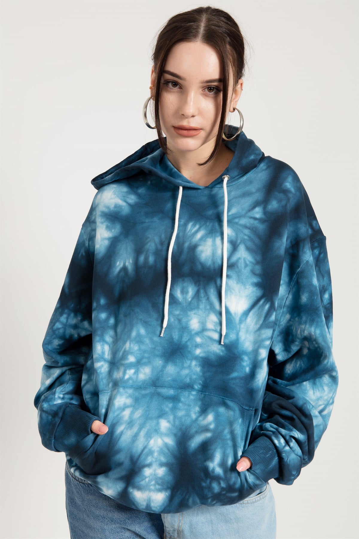 Batik Yıkamalı Mavi Ekstra Oversize Kapüşonlu Sweatshirt