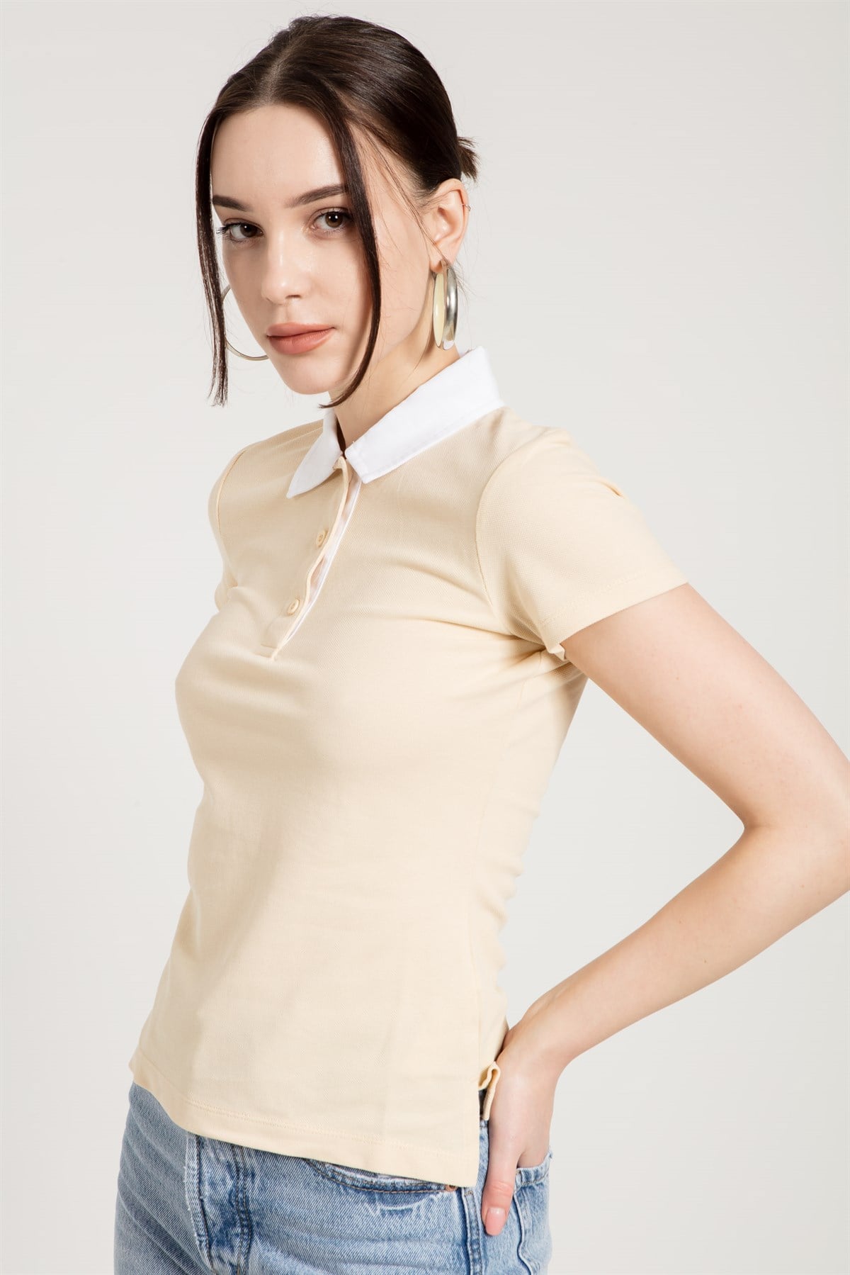 Bej Kontrast Polo Yaka T-shirt