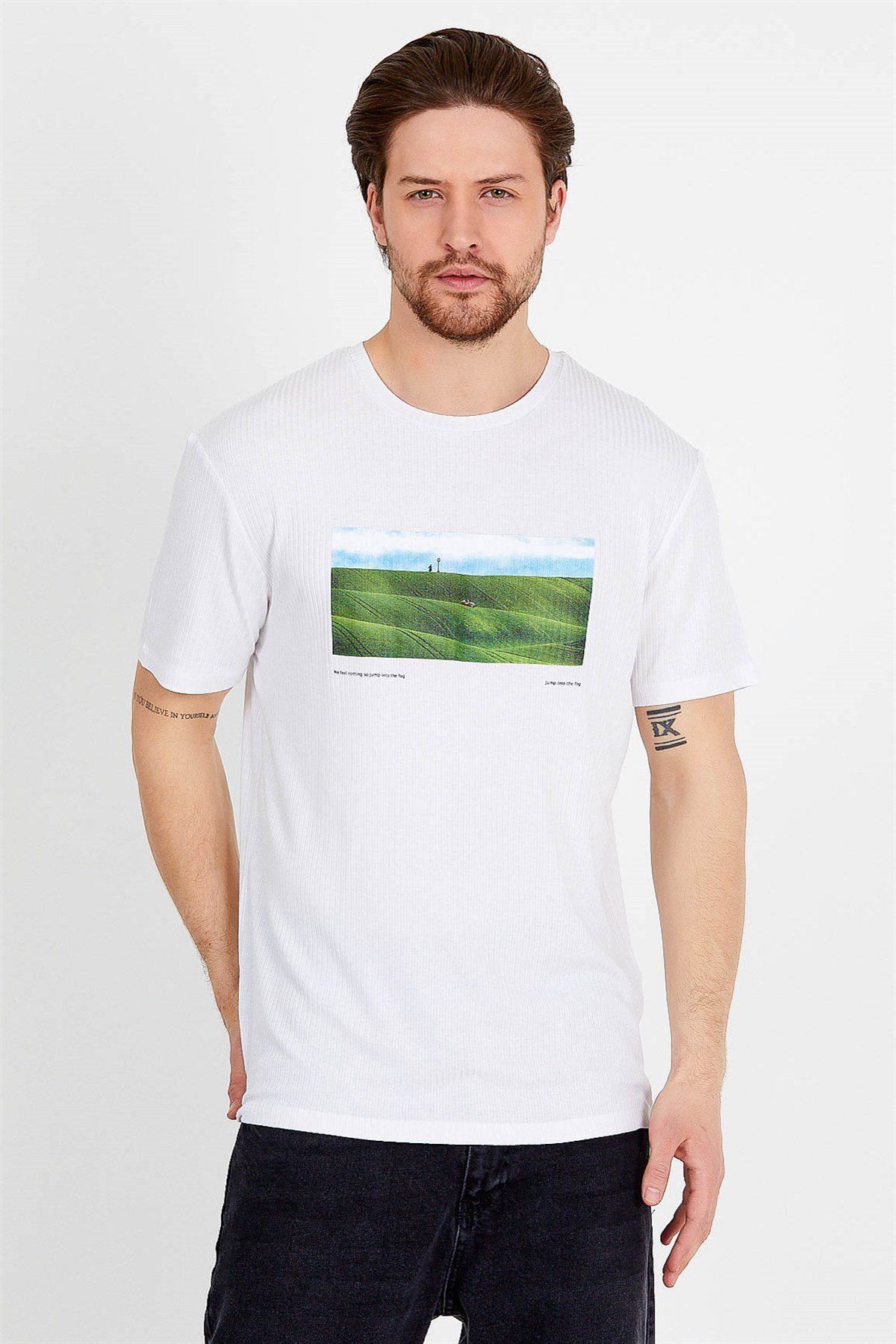Beyaz Baskılı Basic Erkek T-shirt