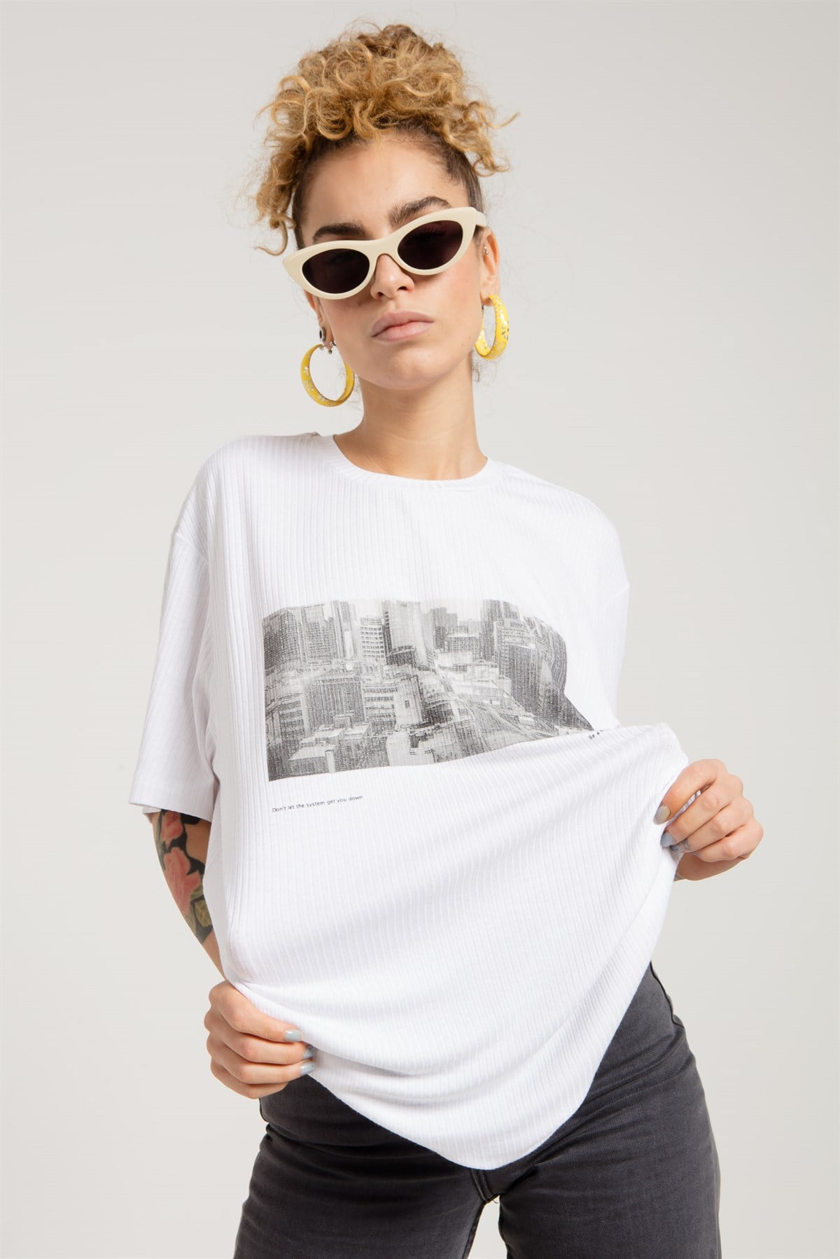 Beyaz Baskılı Oversize Kadın T-shirt