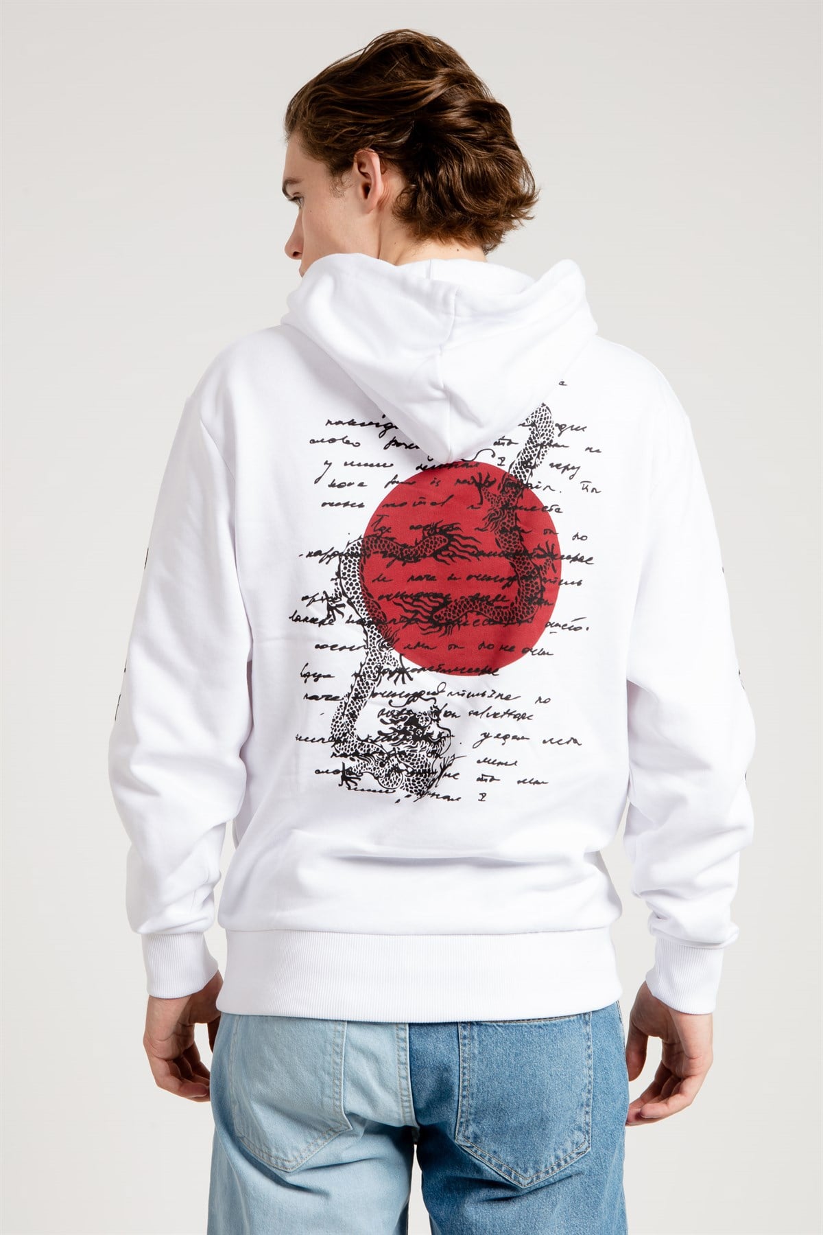 Dragon Baskılı Beyaz Oversize Erkek Sweatshirt