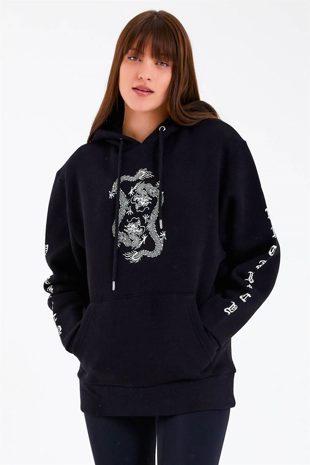 Dragon Baskılı Siyah Oversize Kadın Sweatshirt