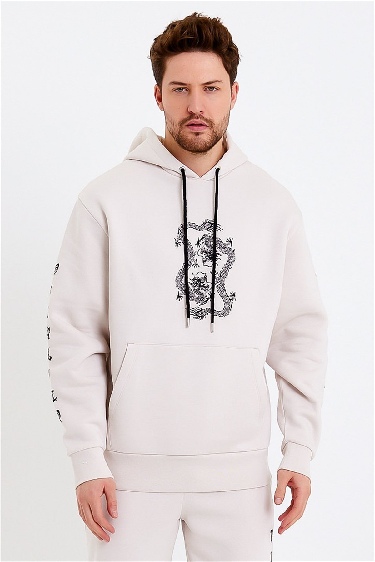 Ejderha Baskılı Krem Oversize Erkek Sweatshirt