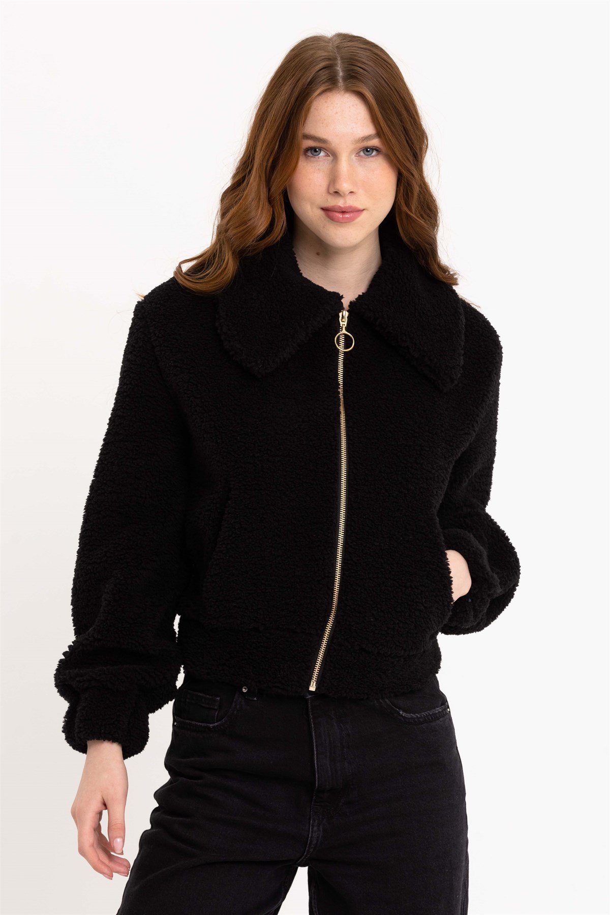 Fermuarlı Kadın Siyah Peluş Ceket