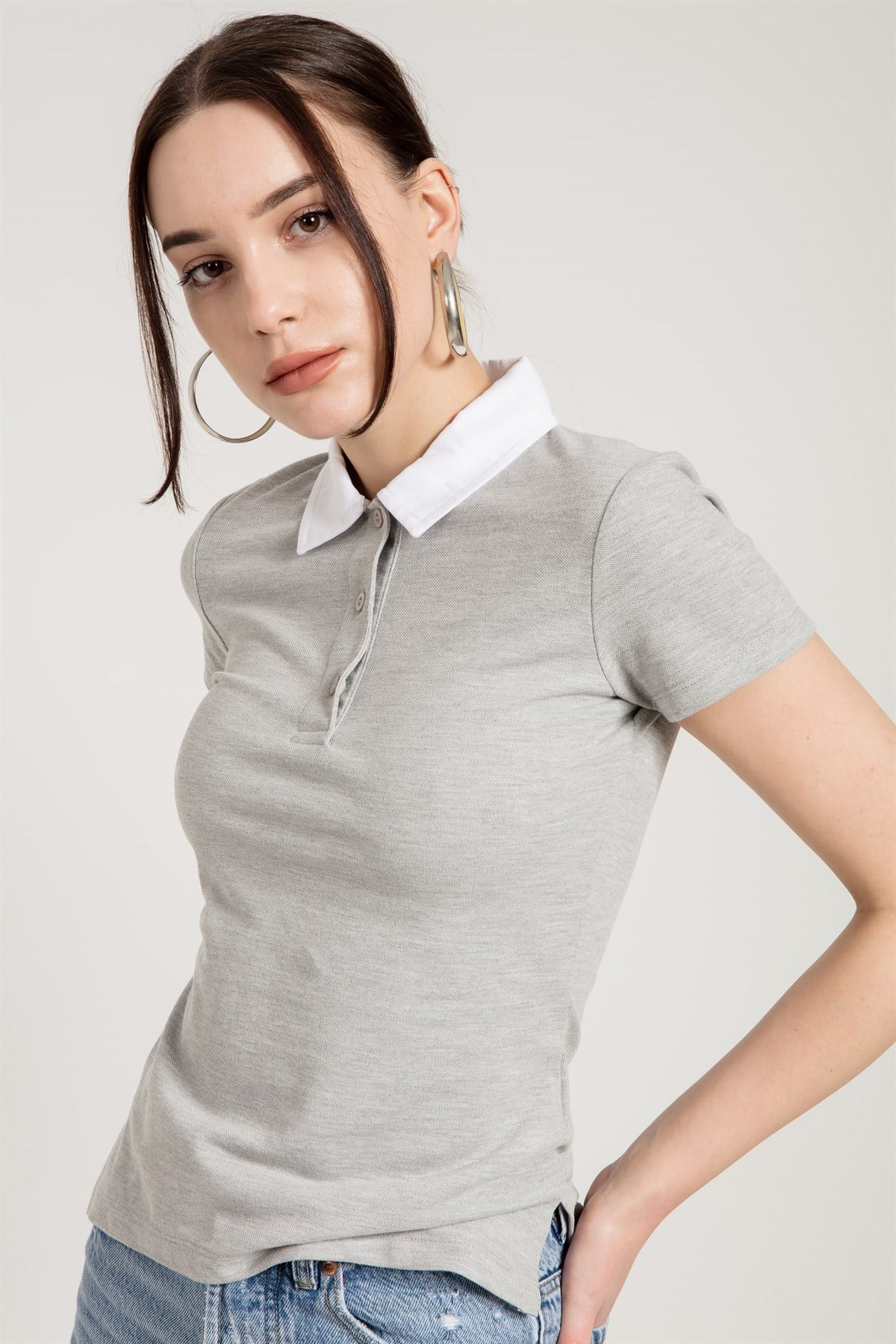 Gri Kontrast Polo Yaka Slim Fit T-shirt
