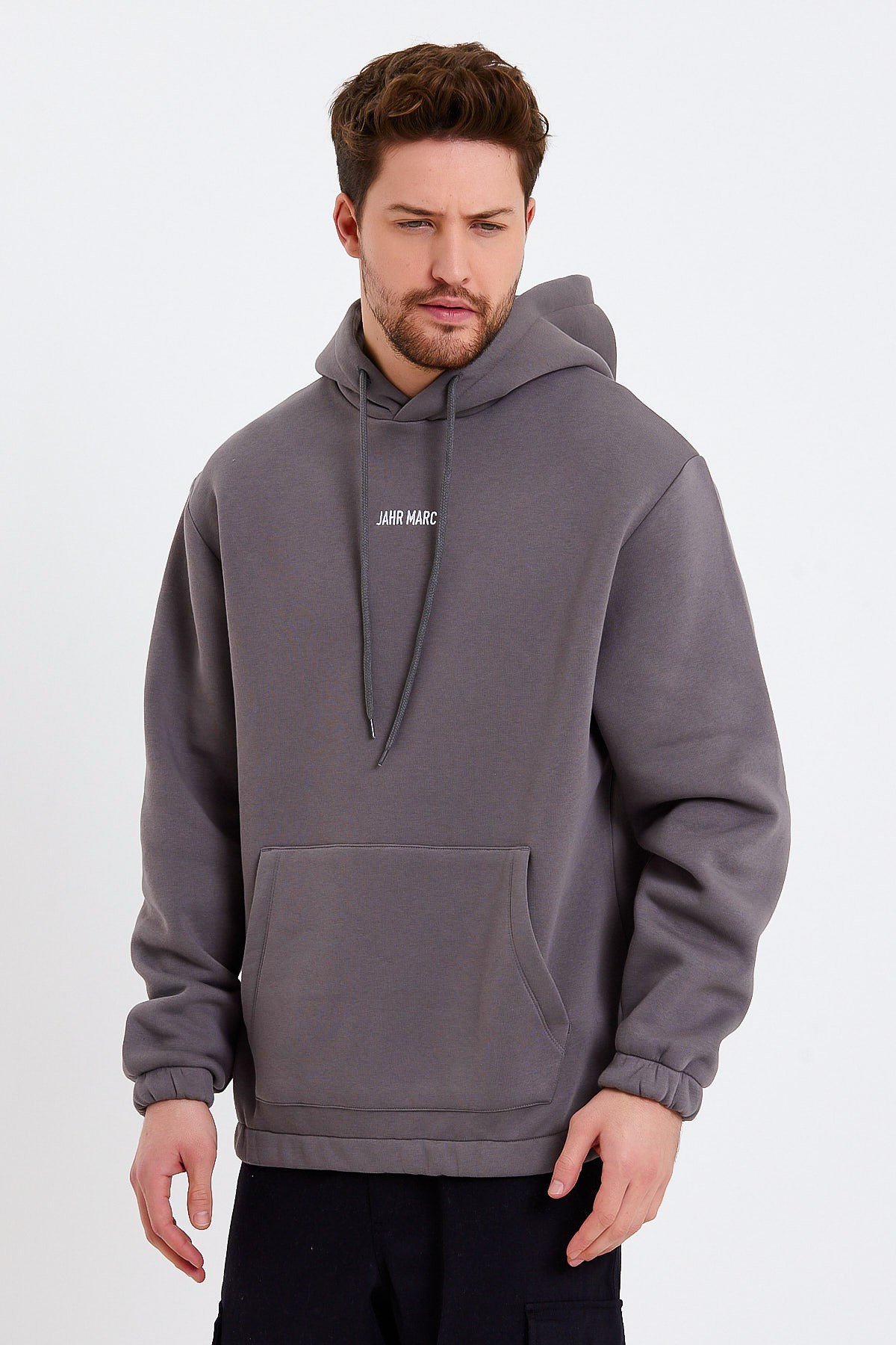 Gri Nakışlı Oversize Erkek Sweatshirt