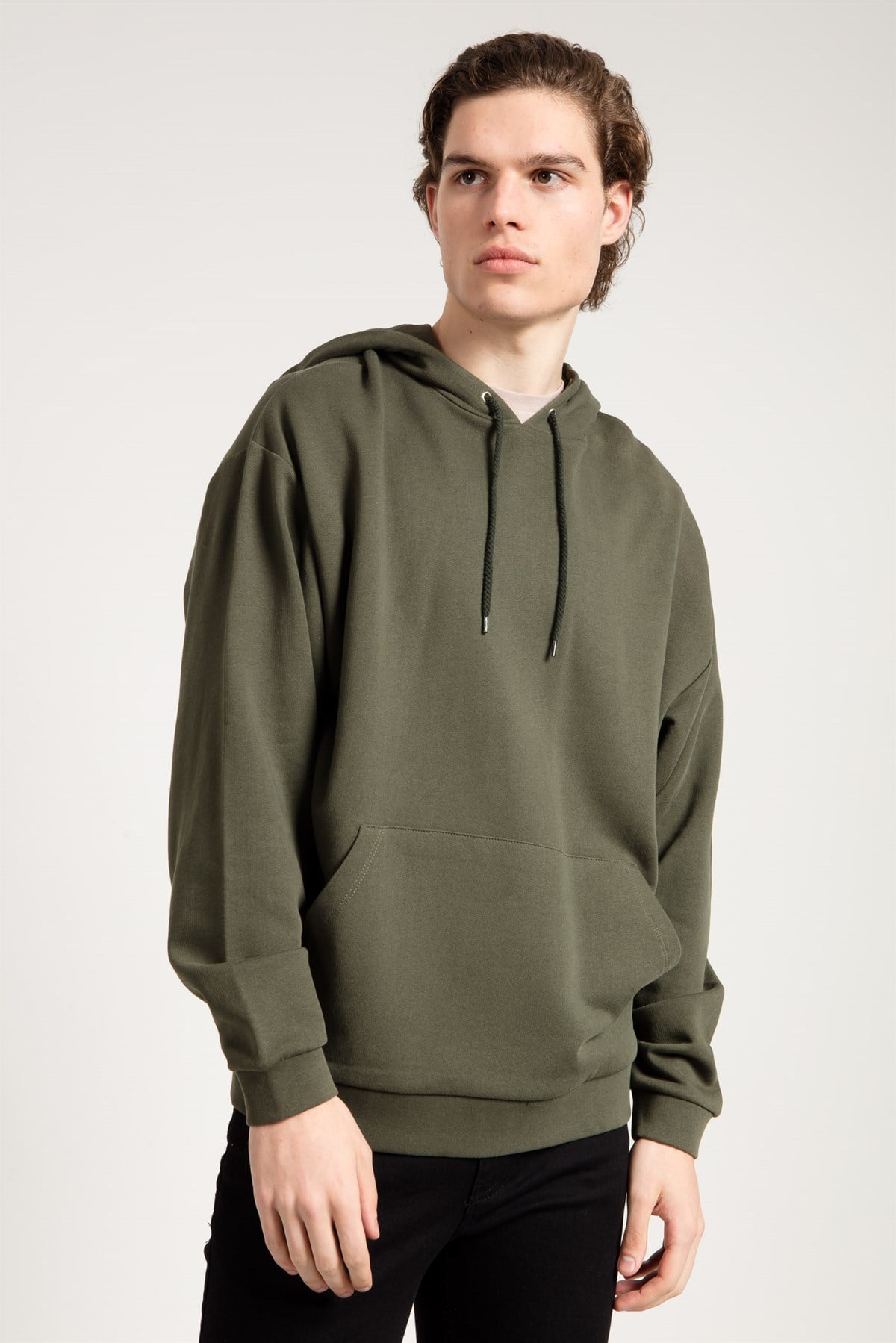 Haki Oversized Önü Cepli Kapüşonlu Erkek Sweatshirt