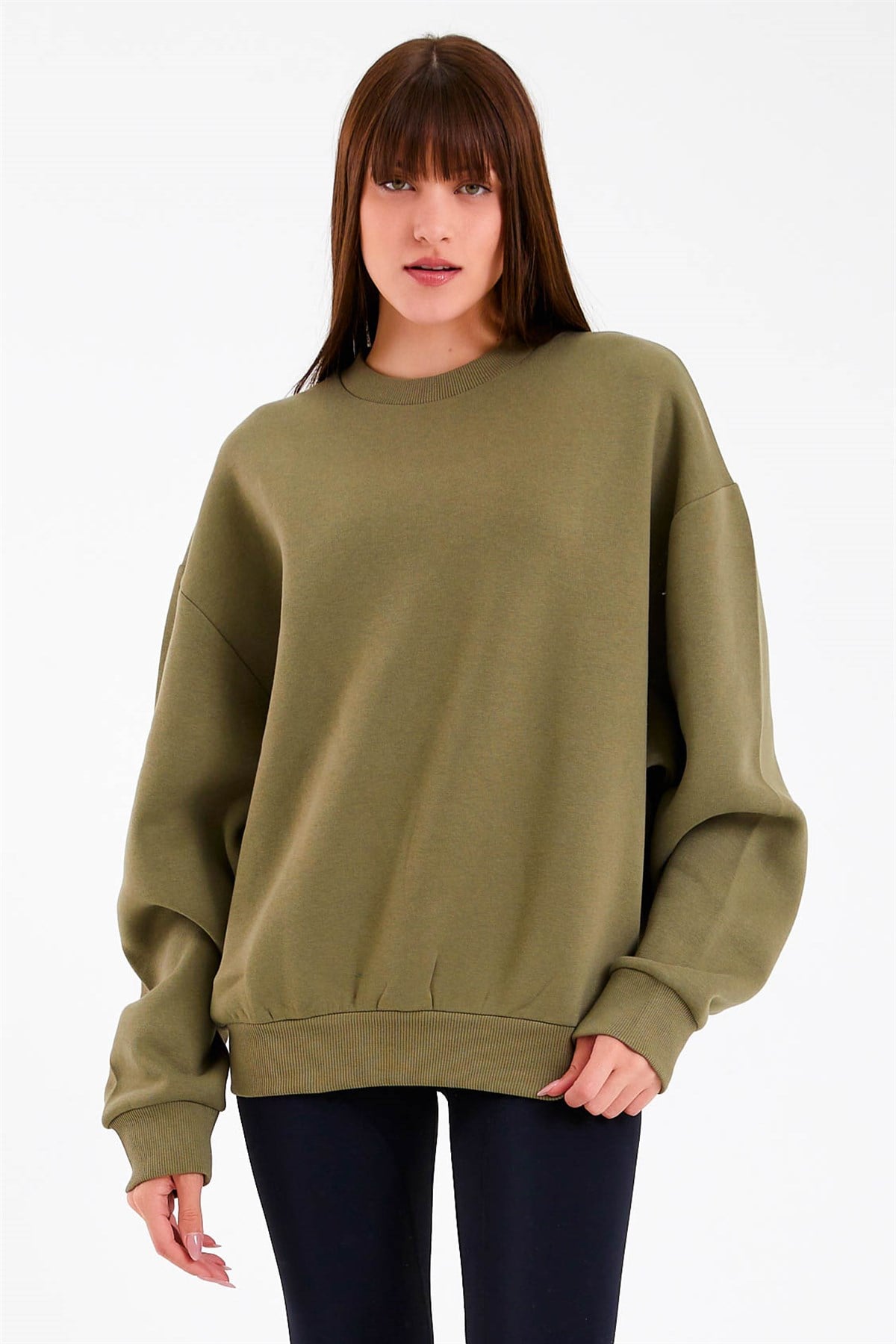 Haki Renk Basic Oversize Kadın Sweatshirt
