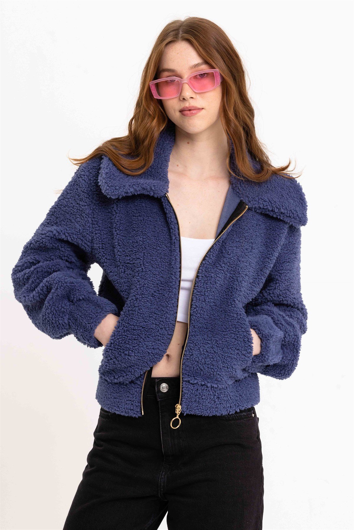 Kadın Lacivert Fermuarlı Peluş Ceket