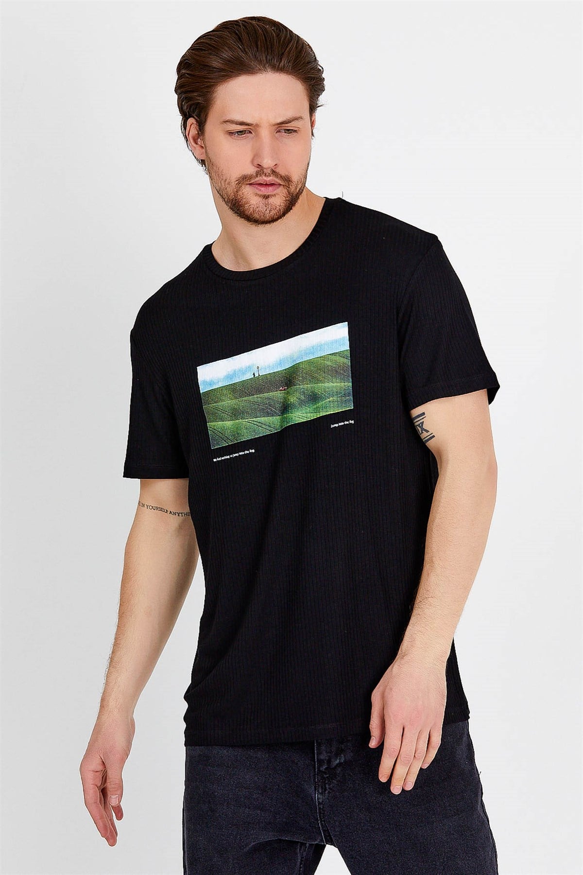 Kısa Kollu Baskılı Siyah Erkek T-shirt