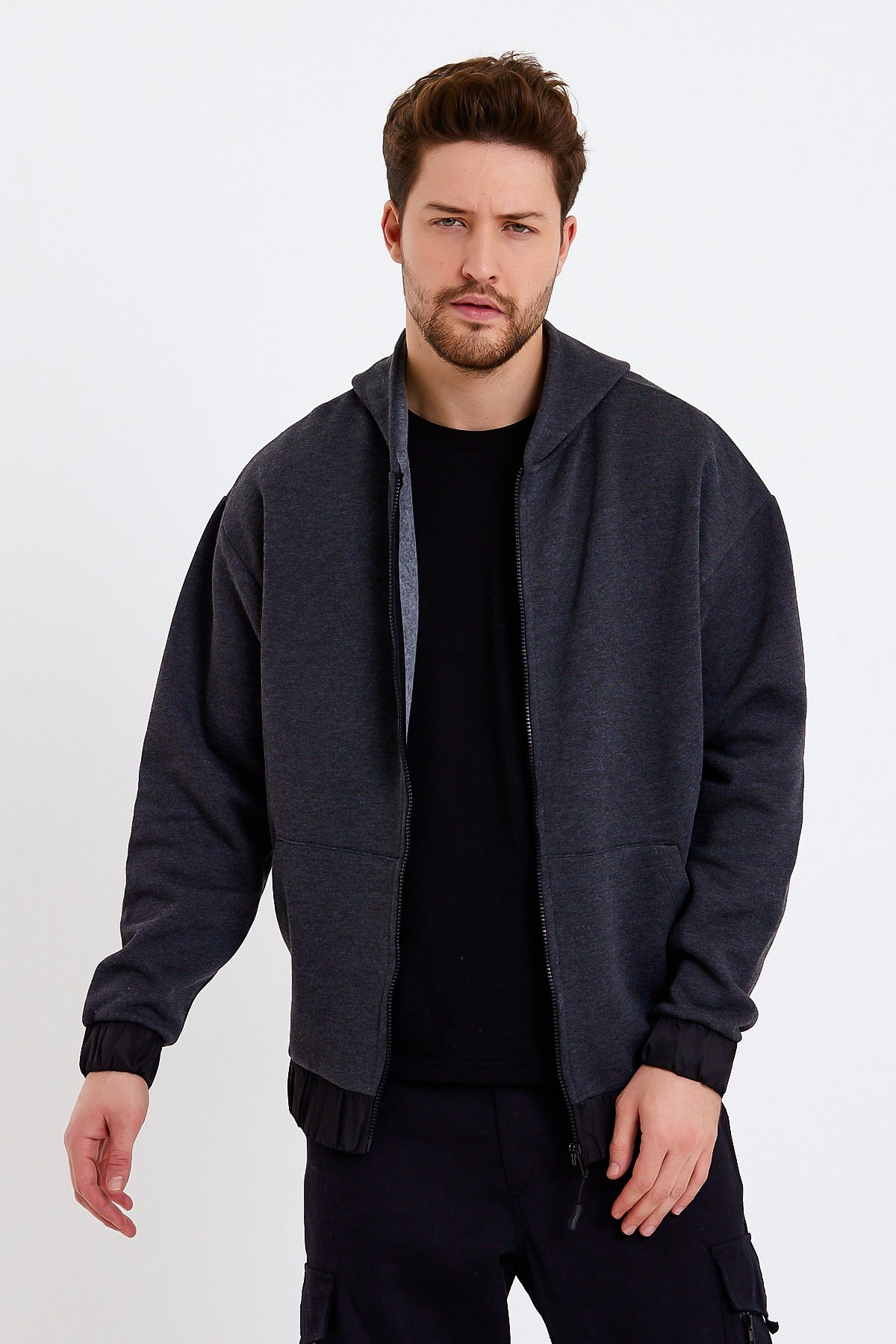 Koyu Gri Kapüşonlu Oversize Erkek Ceket