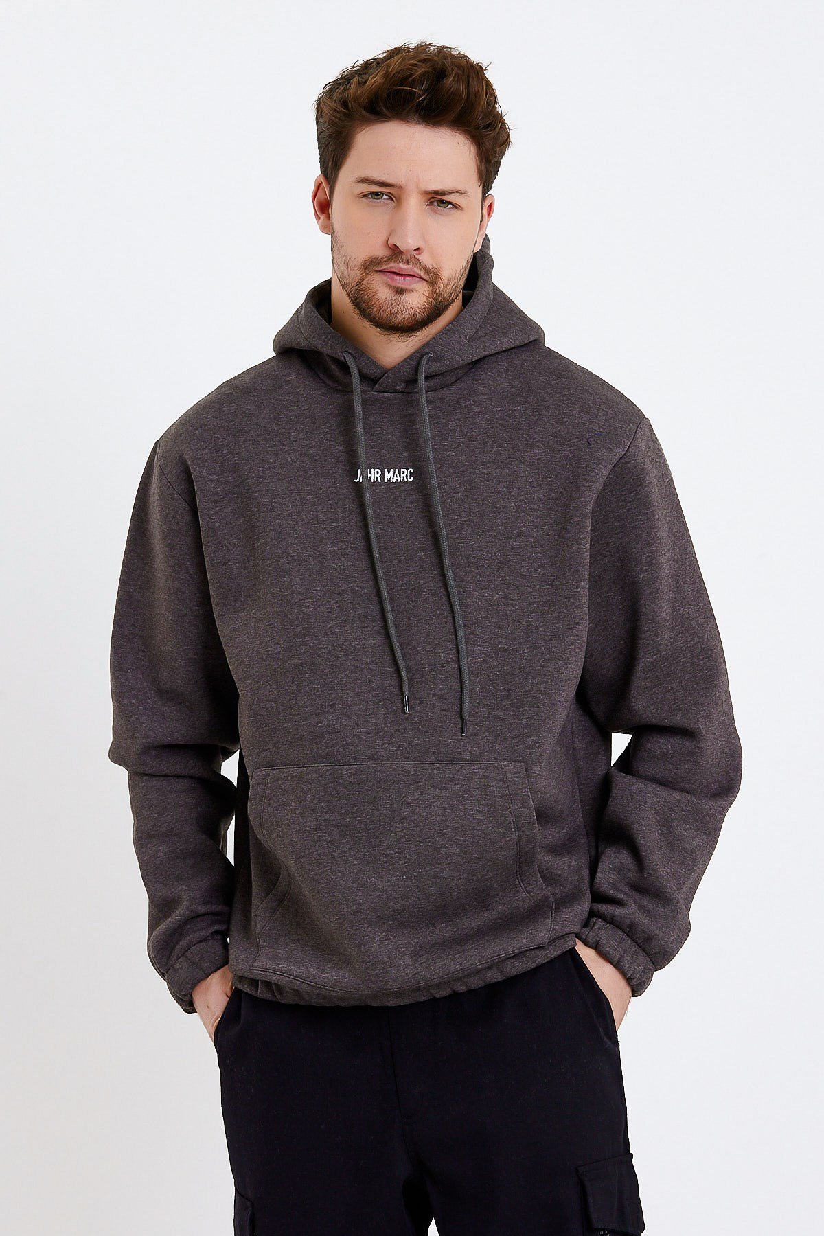 Koyu Gri Nakışlı Oversize Erkek Sweatshirt