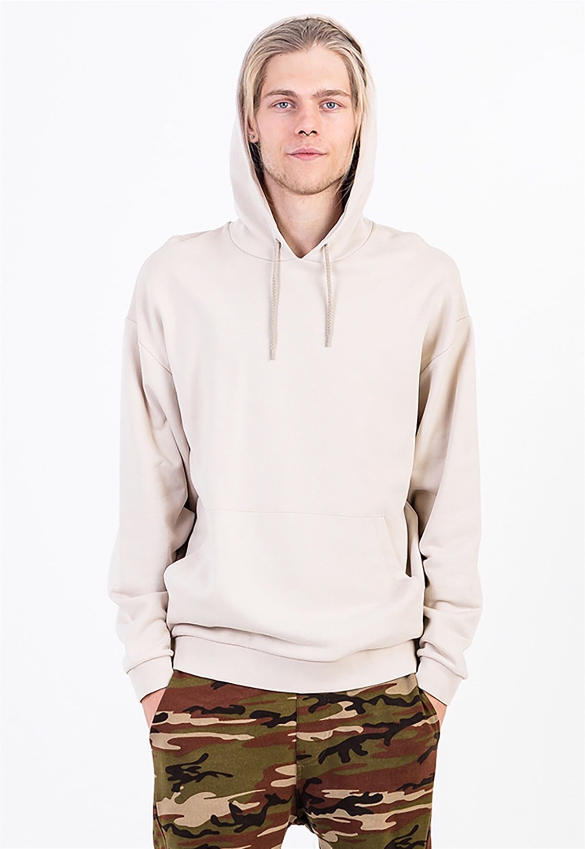 Krem Rengi Büyük Beden Erkek Kapüşonlu Sweatshirt